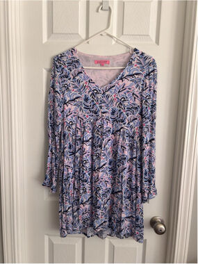 Simply Southern Women's Baby Doll Dress/Tunic Size Small Blue Leaf Pattern NWOT